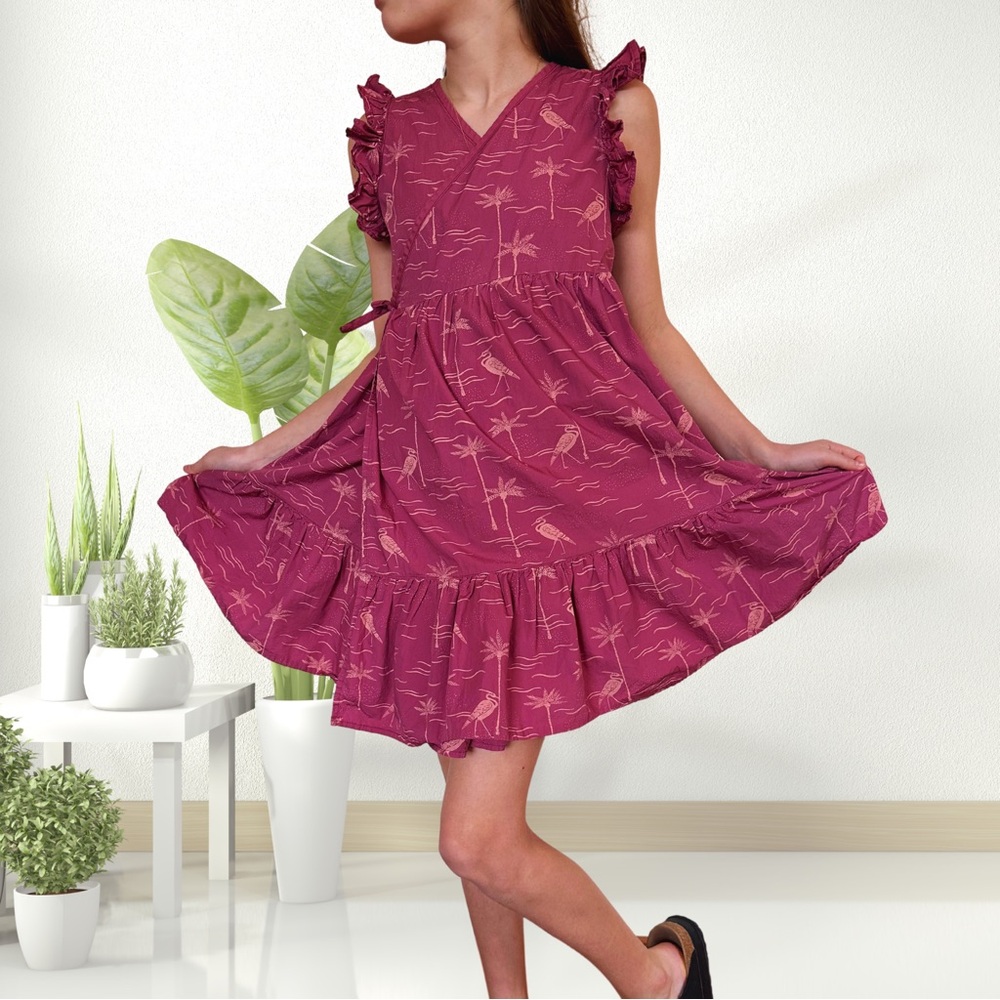 Tea Collection Girls Tropical Bird & Palm Fit & Flare Wrap Dress Ruffle Size 12